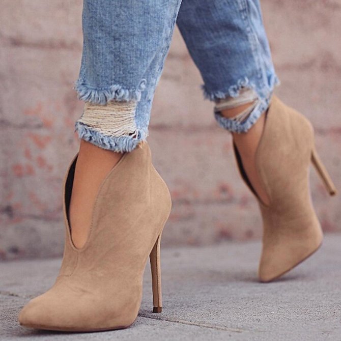 Ankle Boots High Stiletto Heel Pointed Toe V Shape Cut Suede Boots